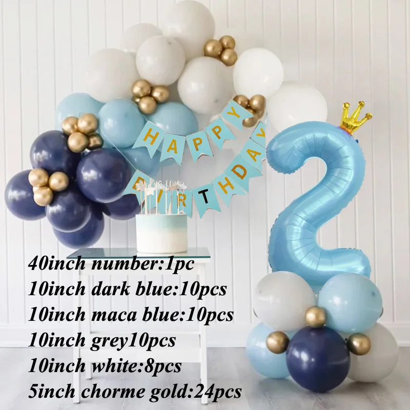 63Pcs Crown Blue Number Balloon Garland Arch Kits Chorme Gold Father' Happy Birthday Party Decorations Boy Baby Shower