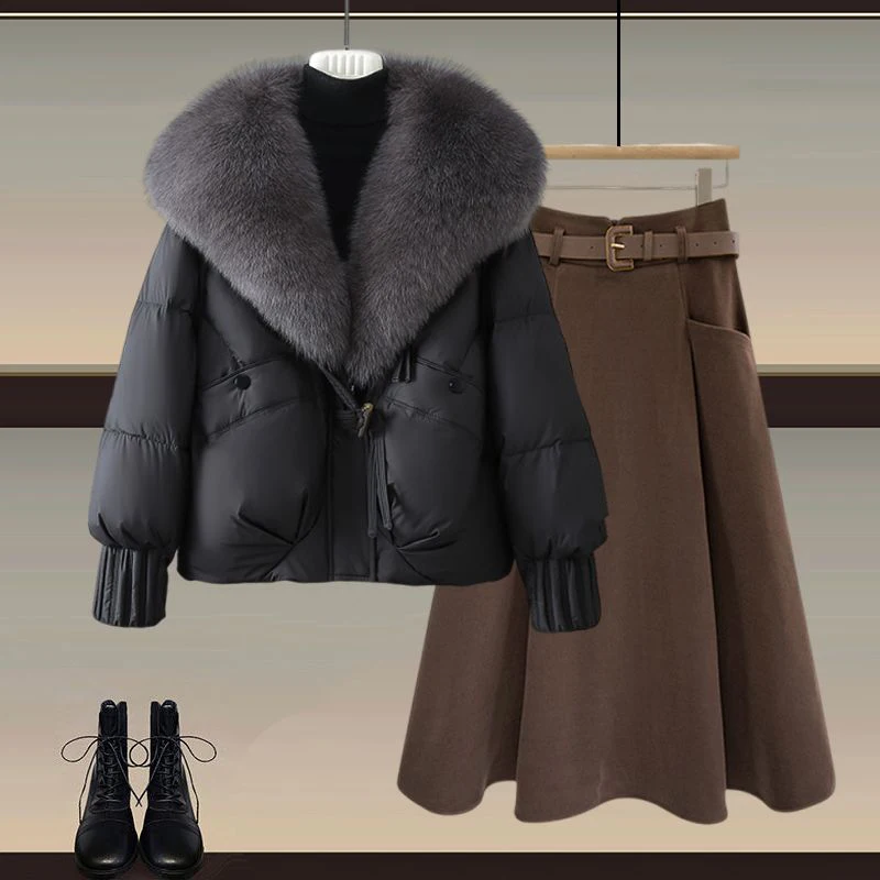 Cappotto e gonna da donna invernale Thiened Set gonna snellente a vita alta Abito lungo a due pezzi con collo in pelliccia sintetica calda