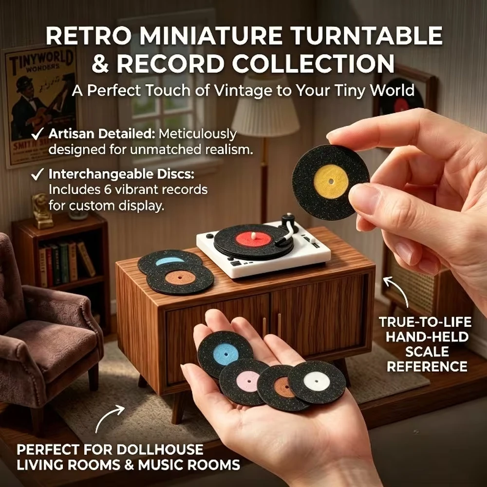 1:12 Scale Dollhouse Mini Record Player Set, Vintage Turntable Model, Comes with Colorful Mini Vinyl Records, Realistic Retro Music Player, Used as Decorative Props for Mini Houses, Micro-Landscapes, and Miniature Models