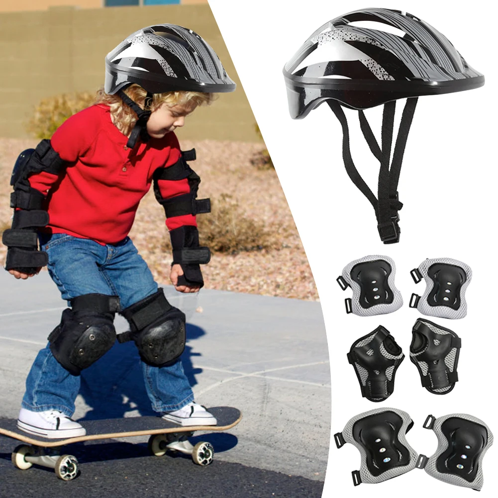 7piece Set Kid Skateboard Helmets Knee Elbow Wrist Pads Boys Girls Bike Helmet 7 In 1 Shock-Absorbing Breathable Sport Accessory