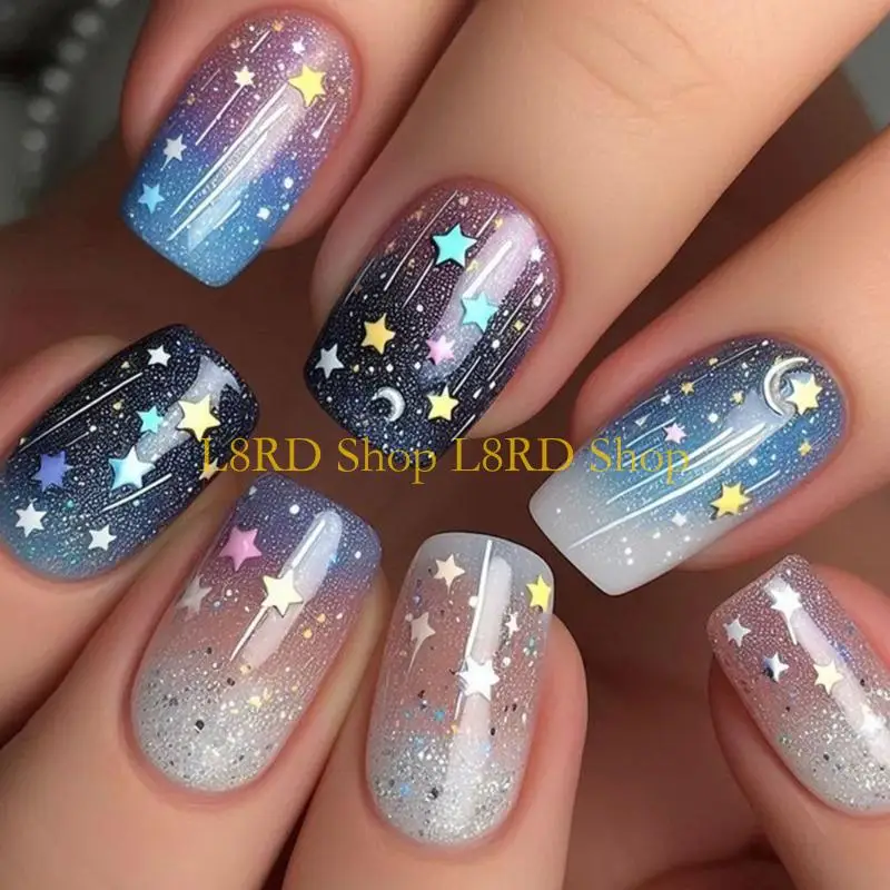 L8rd 24pcs عصا مربعة متوسطة على مسمار القمر نجم لامع تصاميم كاذبة للنساء