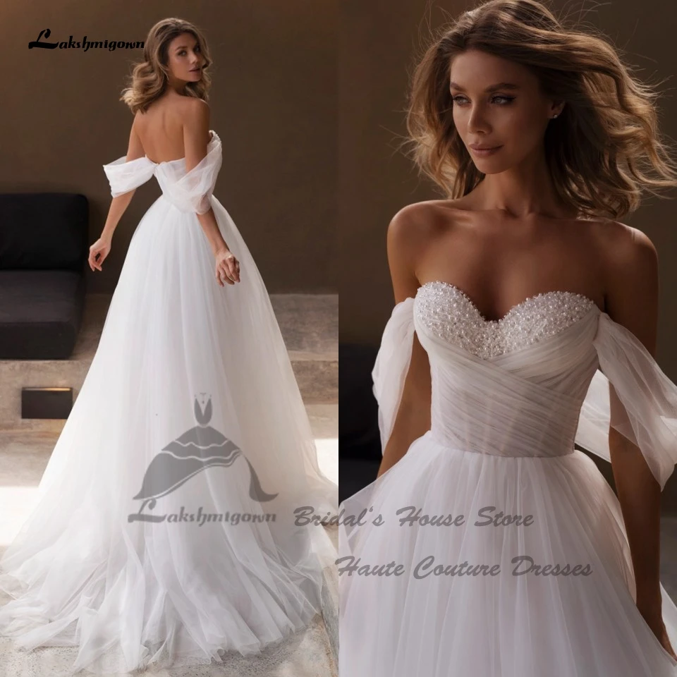 Lakshmigown White Tulle Long Beach Wedding Dresses Sweetheart Bead A Line Bridal Gowns Off The Shoulder 2024 Customized