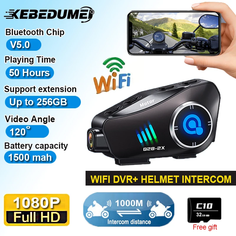 Q28-2x Motorhelm Intercom Headset Dvr 1080P Hd Draadloze Camera Super Groothoeklens Ip66 Waterdichte Wifi Videorecorder