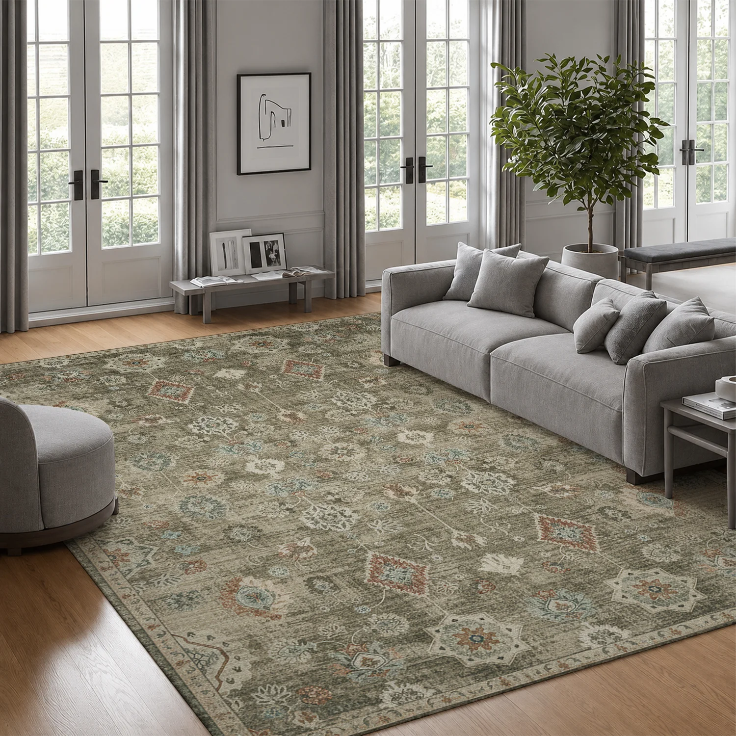 Large Indoor Area Rug, Soft Velvet Low Pile with Non-Slip Dotted Backing, Machine Washable Vintage Persian Floral Rug in Muted Earth Tones for Living Room & Bedroom Home Decor