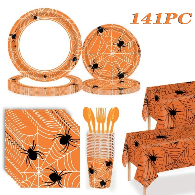 

Halloween Spider Themed Party Tableware Paper Plate Paper Towel Fork Set Non-coated Varnish Craft