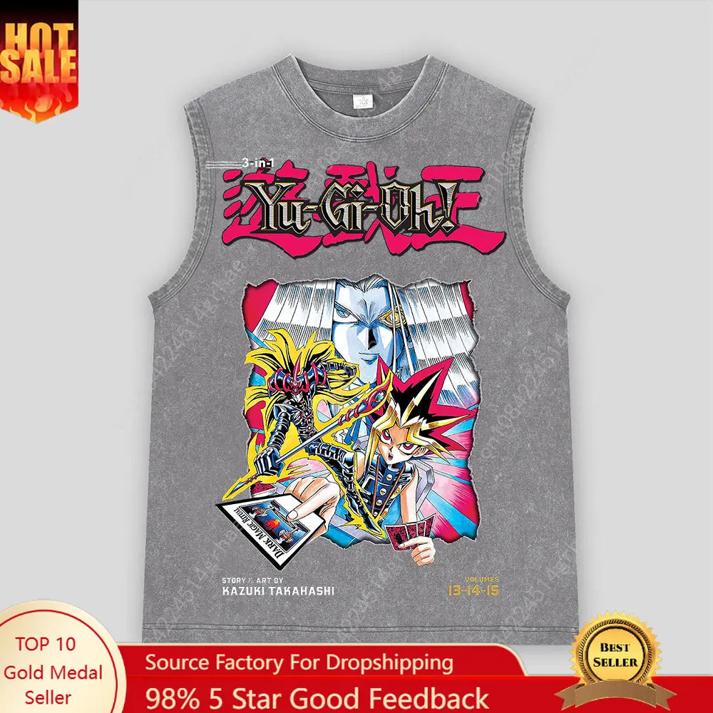 Anime Acid Washed Printed Vest 100% Cotton Streetwear Tops Vintage Manga Fashion Hip Hop Oversized Vest For Men Unisex Tank Top