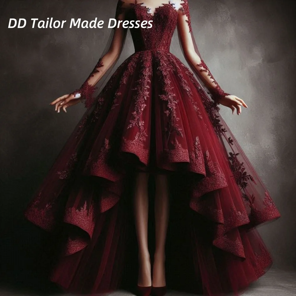 

Vintage High Low Prom Dress Burgundy Pleats A-Line Birthday Occasion Gown Lace Appliques Long Sleeves Reception Wear Customized