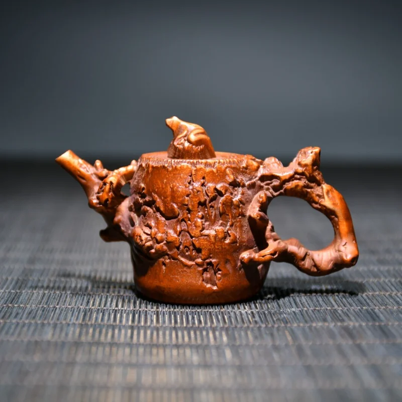 Vintage Boxwood Carved Tree Stump Teapot Figurine Frog Knob Wooden Sculpture Home Decor Collectible Art Ornament