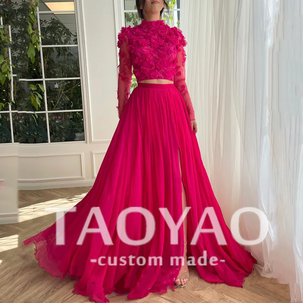 

Hot Pink High Neck Chiffon Prom Dress Two Piece Set Evening Dress Long Sleeves فساتين مناسبة رسمية Flower A-line Prom Gown