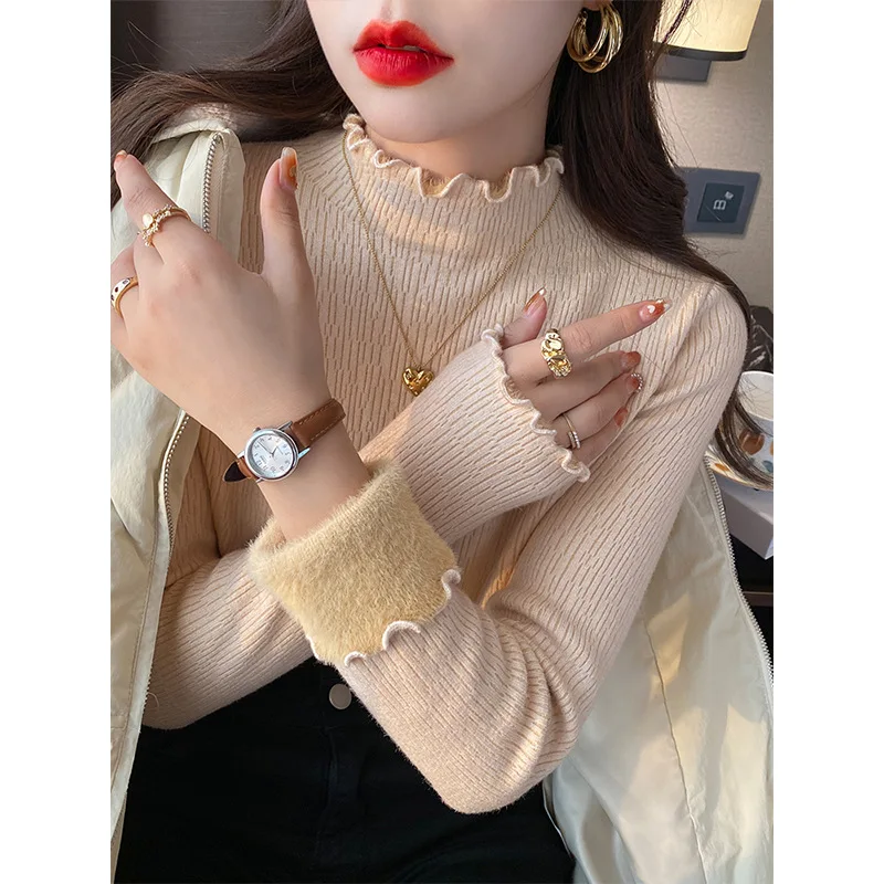 Women 2026 Winter Solid Warm Thermal Ruffle Mock Neck Knit Sweater Lined Slim Long Sleeve Layering Pullover Tops
