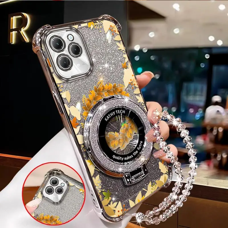 

Note 40pro чехол-держатель с золотыми листьями и браслетом для Infinix Spark G0 2024 2025 Smart 7 8 Note itelA70 Note40 Cover