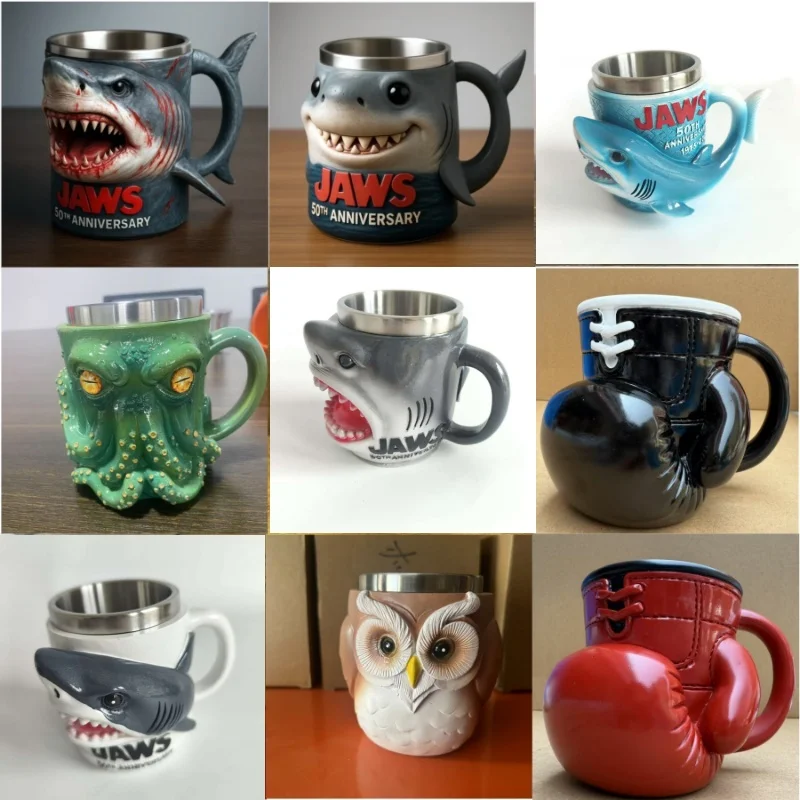 Jaws 50th Anniversary Stainless Steel Liner Resin Water Cups 3D Shark Owl Octopus Boxing Gloves Mug Movie Peripherals Toy Gift