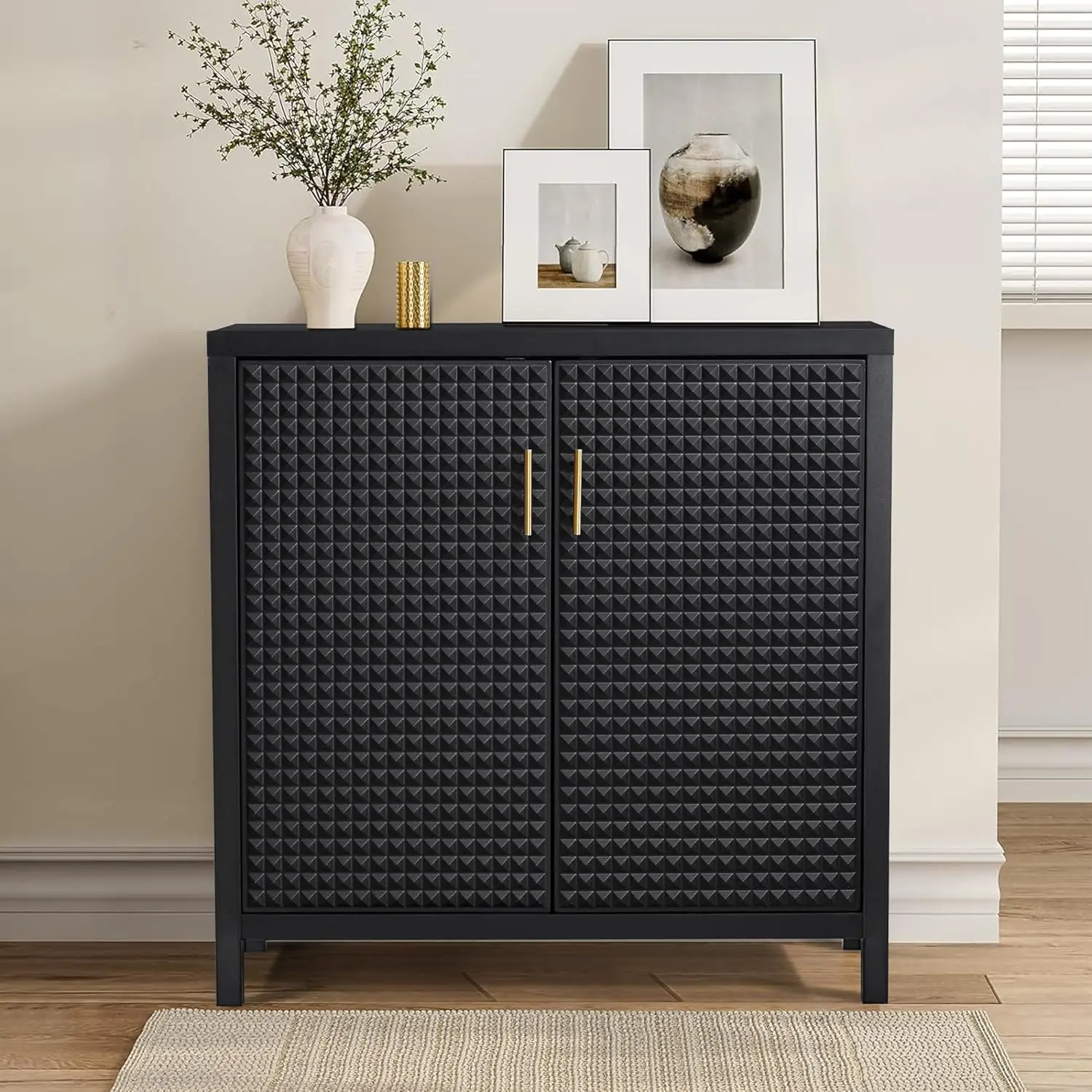 

Accent Cabinet with Lattice Doors, Modern Storage Cabinet with Adjustable Shelves and Solid Wood Legs for Living Room