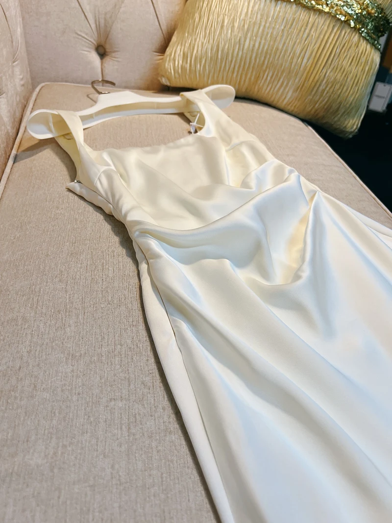 

White Satin U-Ne Strap Dr Women's Summer Ele High-End Feeling Fi Tail Long Dr Gown Sexy High Waist A-Line Skirt