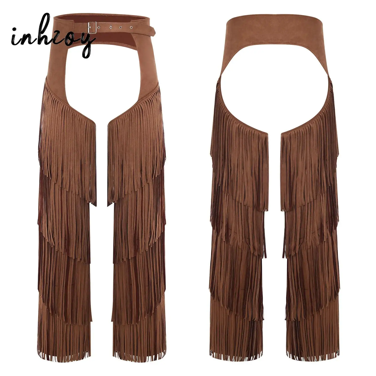 

Mens Motorcycle Pants Western Cowboy Open Crotch Layered Fringe Buttless Style Adjustable Buckles Trousers for Raves Carnivals