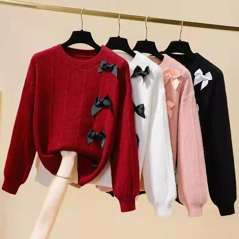 Neploe Elegant Sweet Bow Split Sweaters Mujer 2024 Autumn New O-neck Lazy Tops Women Y2k Long Sleeve Knitted Pullovers