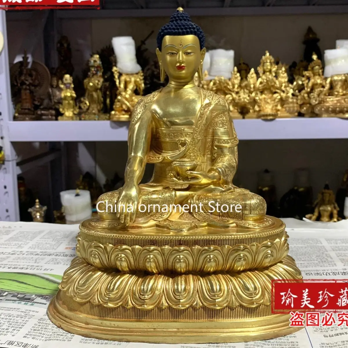 Seiko 10-inch Sakyamuni pure copper gilt Buddha statue ornament Tibetan legend one foot high double lotus seat Sakyamuni