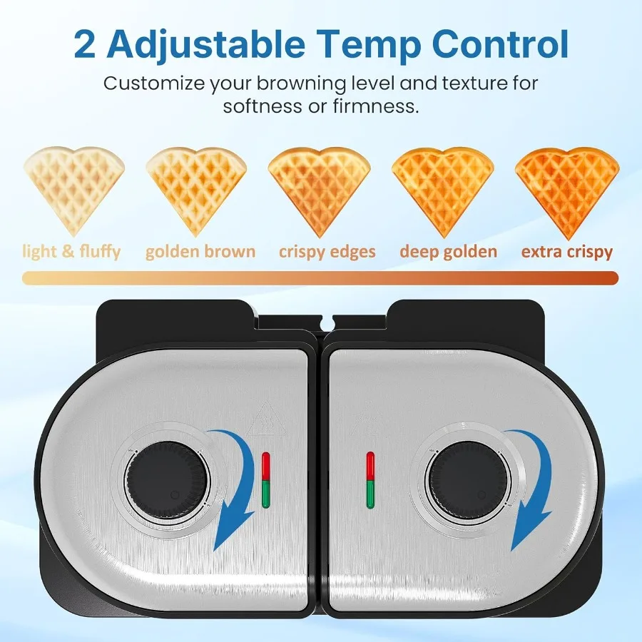 家庭用ダブルベルギーワッフルメーカー：2つの調節可能な焼き色コントロール付き電気ワッフルマシン、焦げ付き防止表面