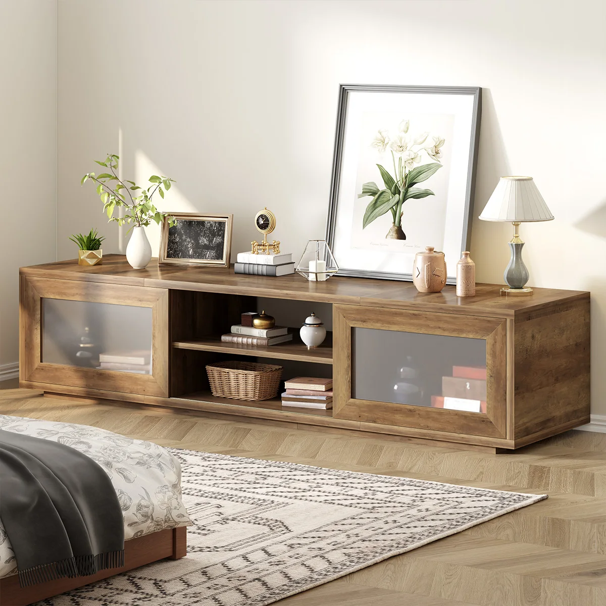 Hot Sales Custom Modern TV Stand With Sliding Doors And Storage Cabinet Rustic Wooden TV Cabinet For Living Room Bedroom