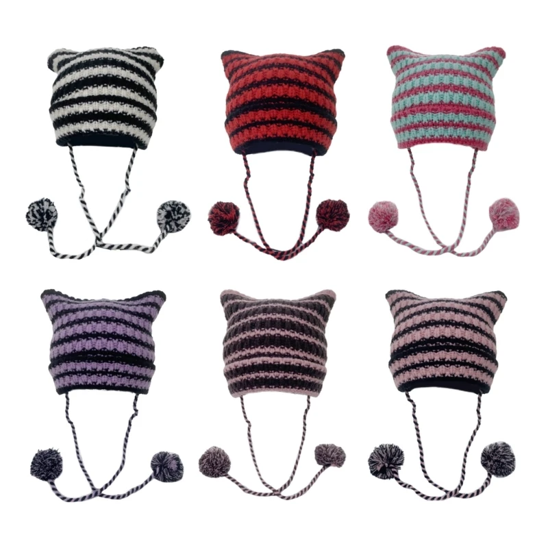 634C Y2k Handmade Cat Ear Shape Hat Knit Winter Windproof Hat with Dangle Pompoms