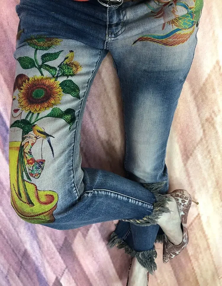 Spring Women Multicolor Floral Long Flare Jeans High street Wide Leg Denim Pants Printed blue elastic women jeans