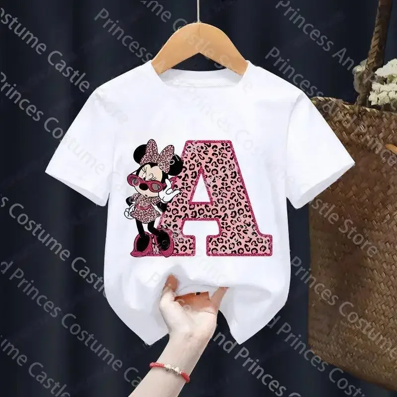 Letter A-Z Minnie Children  T-Shirts Name Combination Disney Kawaii Cartoons Clothes Kids Little Boy Girl Tee Shirts Casua