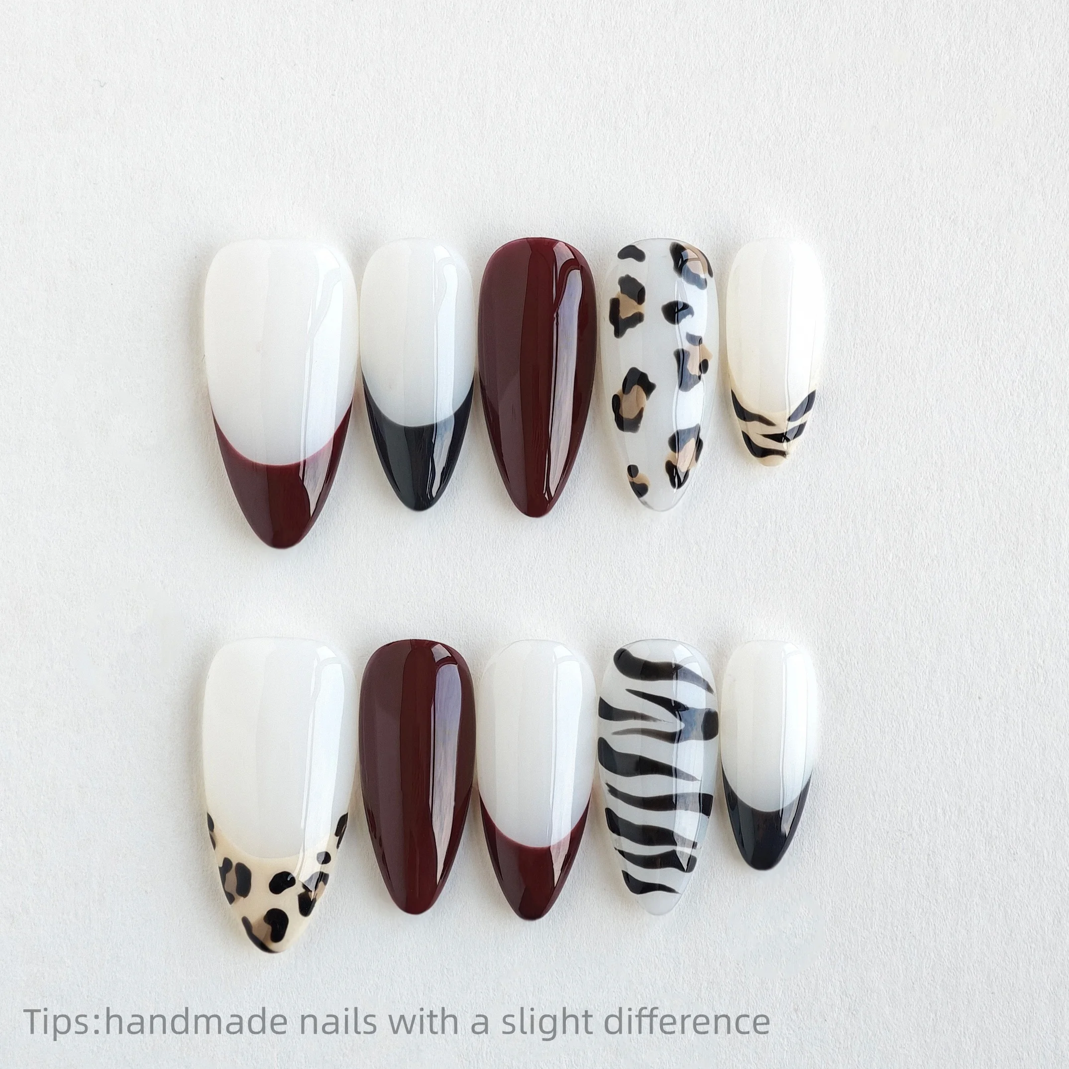 10PCS Brown Press on Nail black French Almond False Nail with leopard Design Wearable Sweet Fake Nail Tips,simple nails
