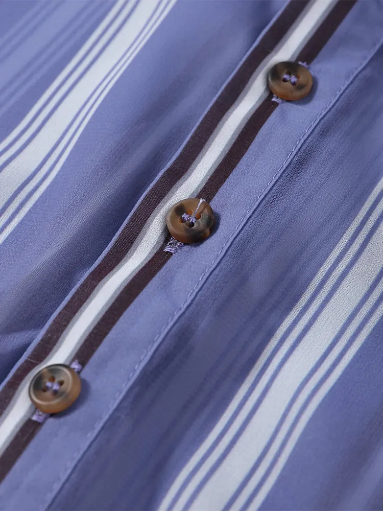 Gestreiftes, durchsichtiges Revers-Langarmhemd mit Hose für Damen – Sexy Bluse mit unregelmäßigem Saum und ausgestellter Hose – Schickes Damen-Set – Detail 22