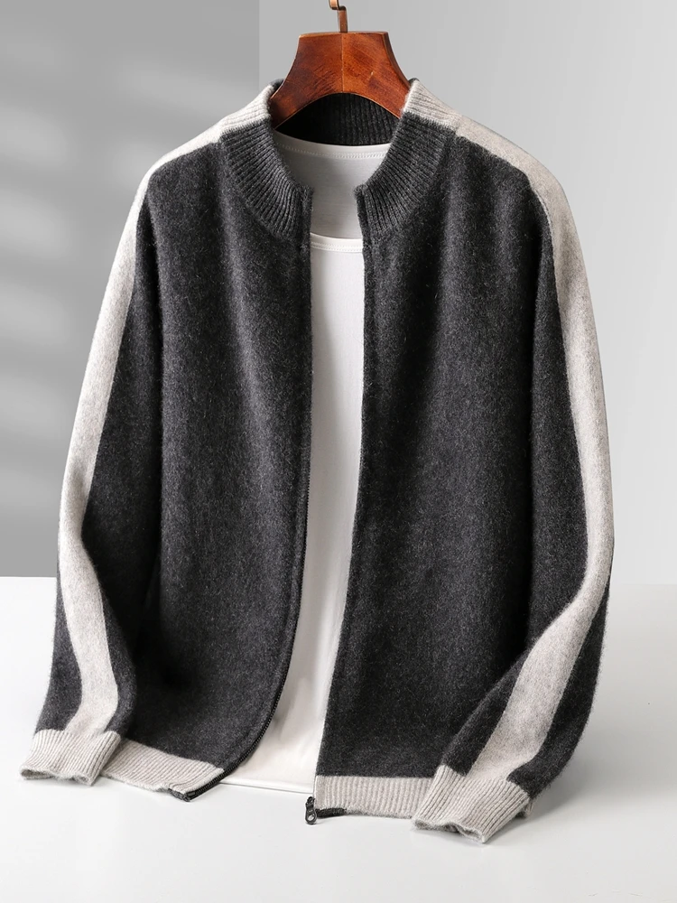 Half High Collar Zipper Color Blocked Pure Wool Cardigan Sweater Men's Loose Smart Casual Autumn Winter Cashmere Knit Jackets