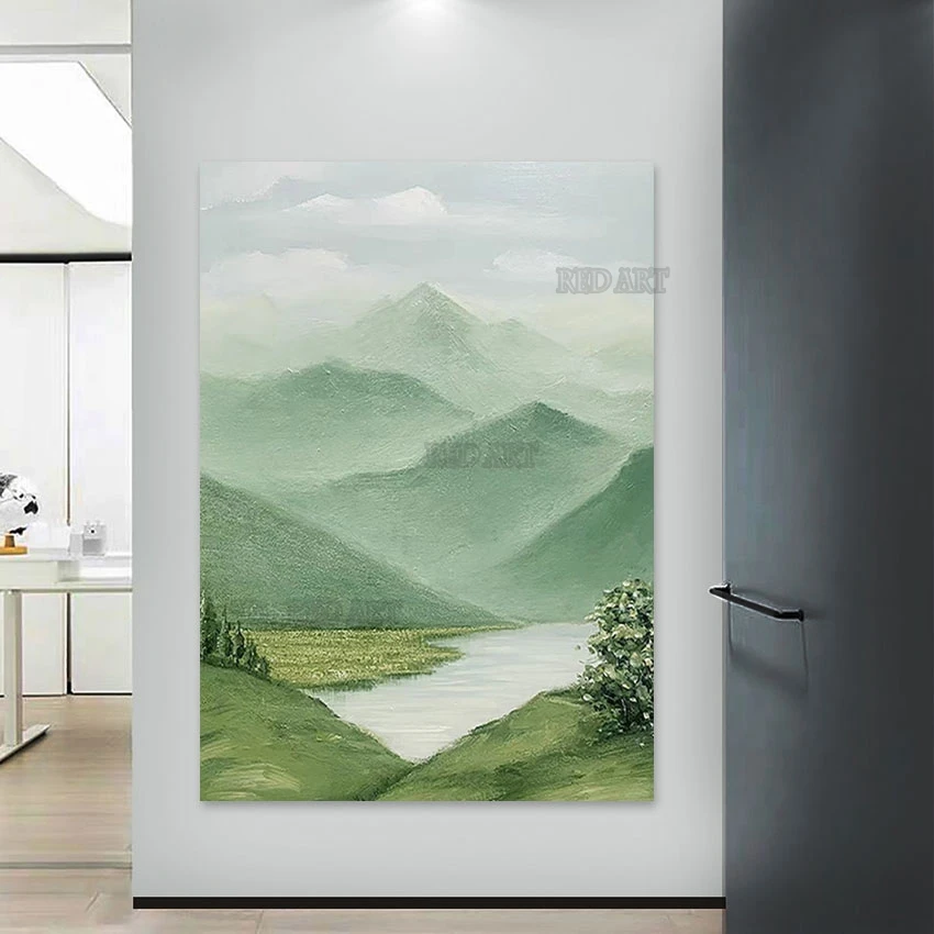 

Hand-painted Landcape Oil Painting Green Mountain Scenery Pieces Canvas Big Size Wall Picture Art For Hotel Decoration Murals