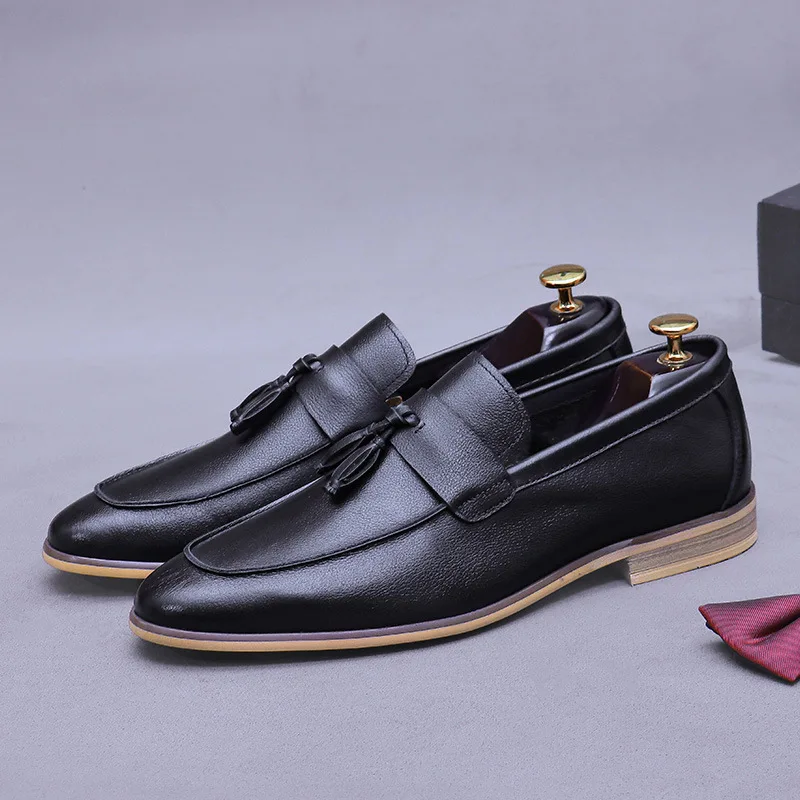 Men Tassel Genuine Leather Loafers Two Tone Burnish Square Toe Low Block Heel Slip On Formal Dress Shoes for Business Daily Wear - view 6