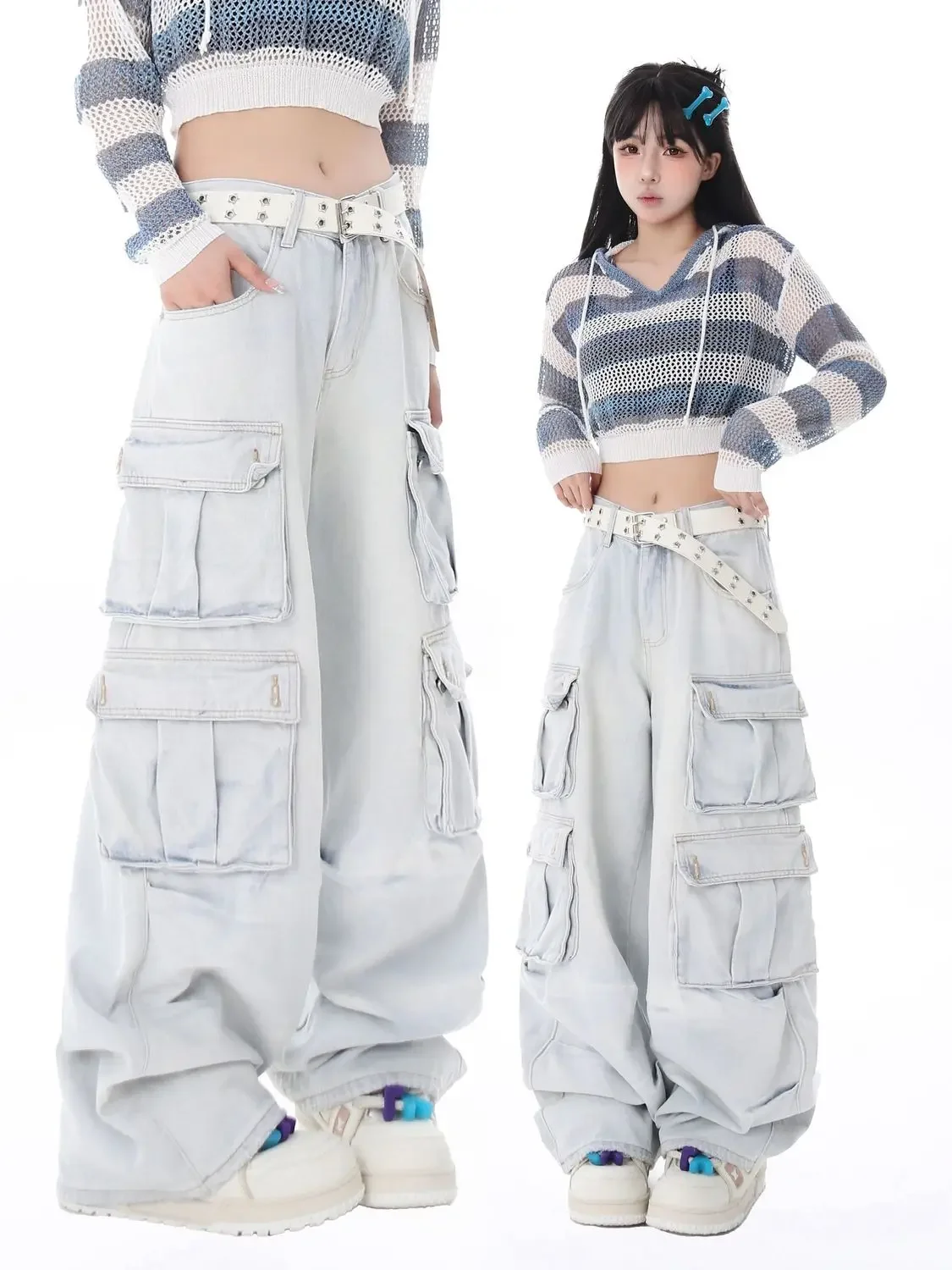 

High Street Retro Korean Fashion White Multi Pocket Workwear Jeans Womens Harajuku Hip Hop Gothic Casual Wide Leg Pants y2k