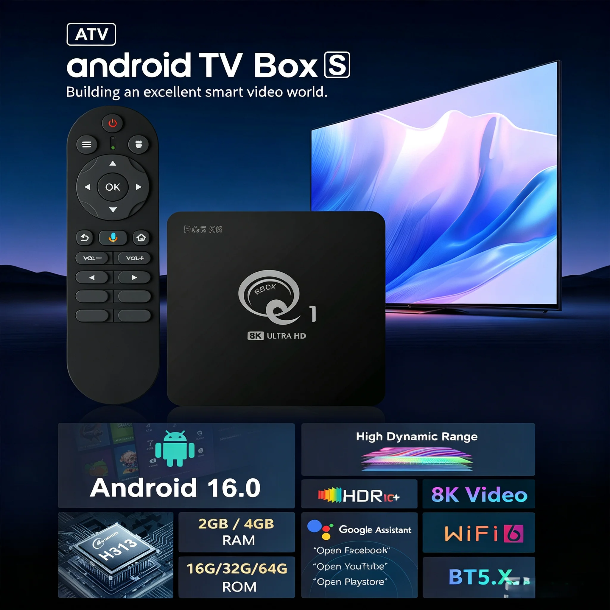 Q1 Android TV Box, Allwinner H313 4K Streaming Media Player, Dual Band WiFi Bluetooth Voice Remote Set-Top Box