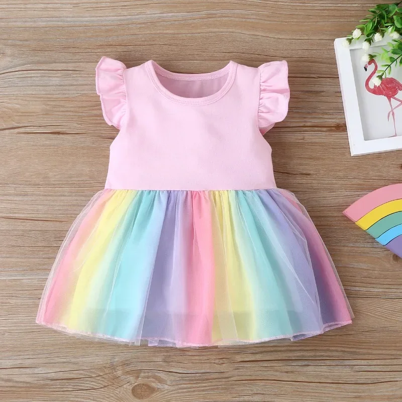 

Summer Spring Girls Dress Bow Flying Sleeve Gauze Sweet Loose O-neck Short Lovely Coloful Fashion Outdoor