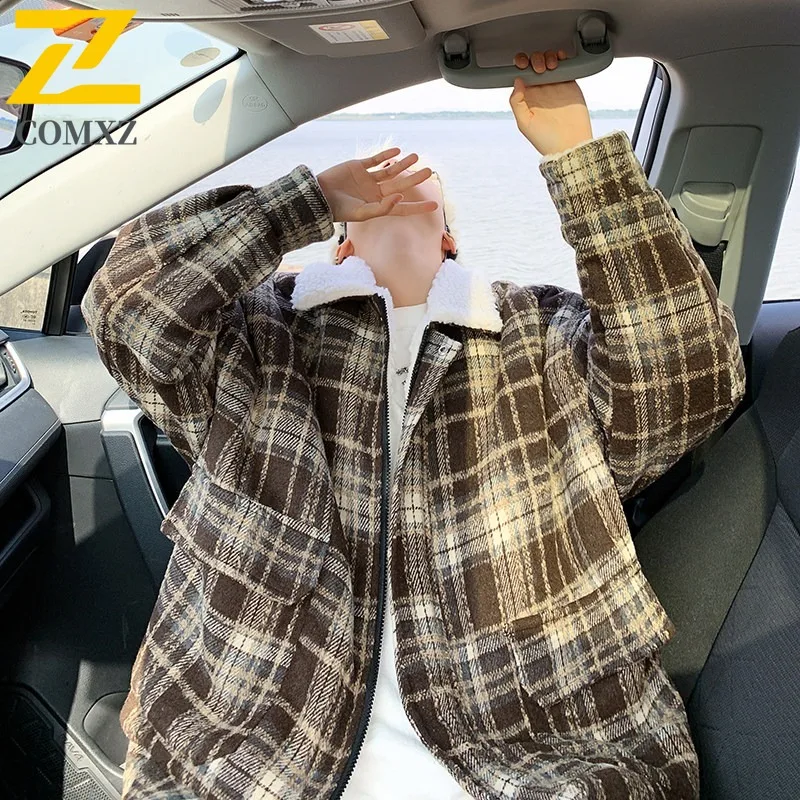 COMXZ Mens Winter Jacket 2025 Thickened  Style Daily Leisure Feature Ski Lamb Fleece Jacket Road Trip Comfort Fit Padding Coat