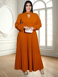 Plus Size kobiety brązowy Maxi plisowana sukienka na przyjęcie długi rękaw z dekoltem z dekoltem wycięty w klatce piersiowej w linii formalne świętowanie szat kościelnych nowe