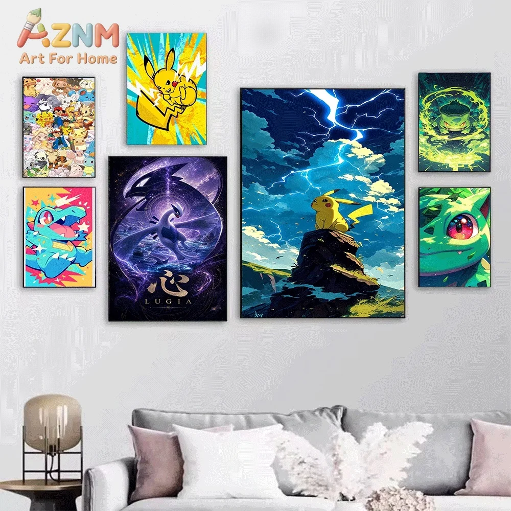 Anime Pokemon Kanto Starter Characters Canvas Wall Art, Cute Popular Pocket Monster Cartoon Frameless Canvas Painting for Kids