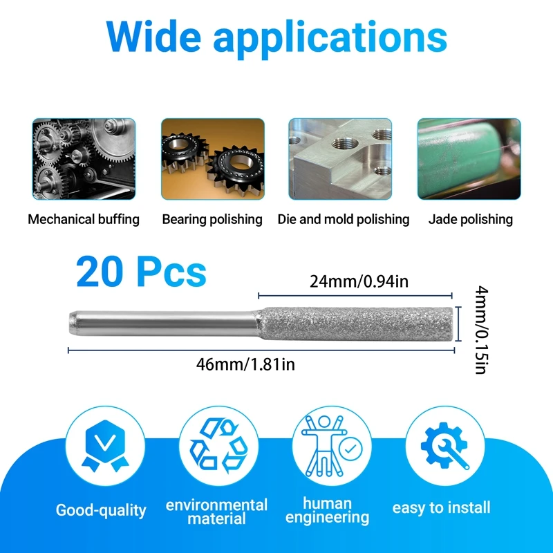 BHBD-20 Pcs Chainsaw Sharpener Stone Diamond Coated Cylindrical Burr Polishing Grinding Tool Grinding Bits, 5/32 Inch/ 4 Mm
