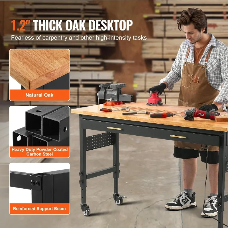 VEVOR 60" Adjustable Workbench, 1500 lbs Load Capacity, Work Bench with Drawer Storage, Power Outlet, Wheels, and Pegboard, Heav