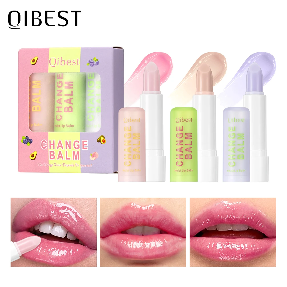 QIBEST 3pcs Color Changing Lip Balm Kits Moisturizing Colorless Pink Orang Tinted Lipstick Lasting Lip Stain Nourishing Lip Care