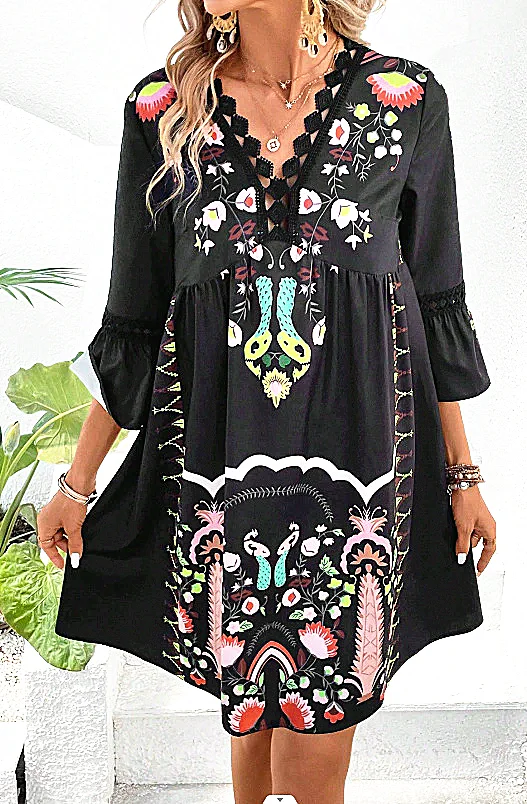 Fashion Women Loose Vintage Ruffles Befree Dress Sexy Summer Short Sleeve Lace Boho Casual Holiday Party Elegant Midi Dresses