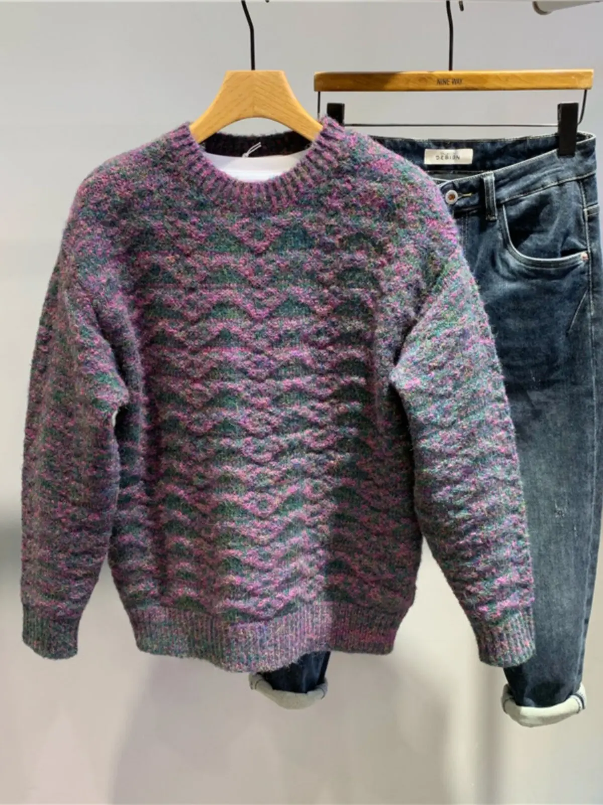 Men's Variegated Yarn Knitted Pullover Sweater Crewneck Fluffy Thick Warm Oversized Casual Outerwear Fall Winter Pullovers Top
