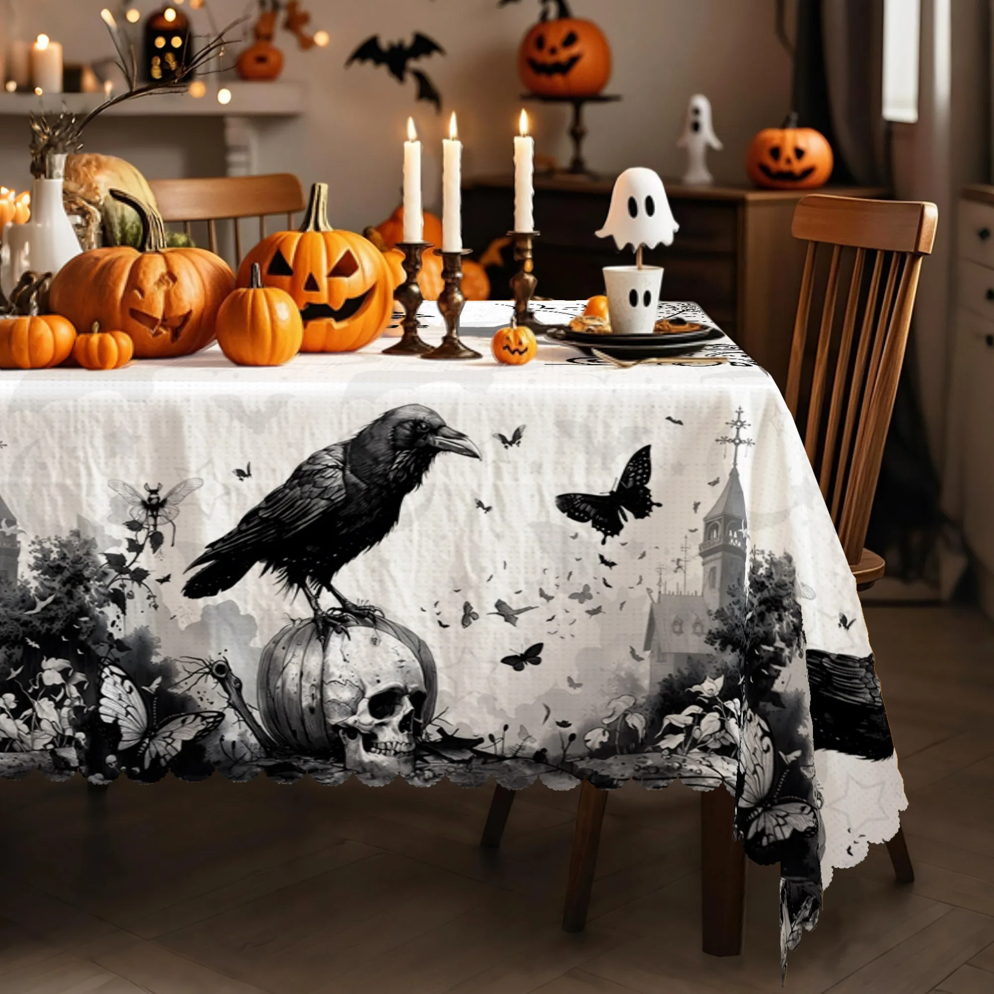 Halloween tablecloth, featuring a design of black crows, butterflies, skulls and a castle.zyc