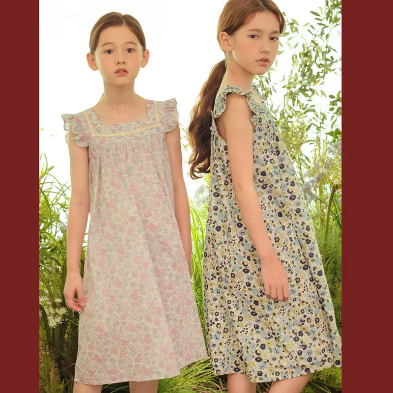 

2024 Summer Children Girl Dress Teenager Girl Flying Sleeve Floral Dress School Girl Retro Lace Beach Dress Kids Straight Dress