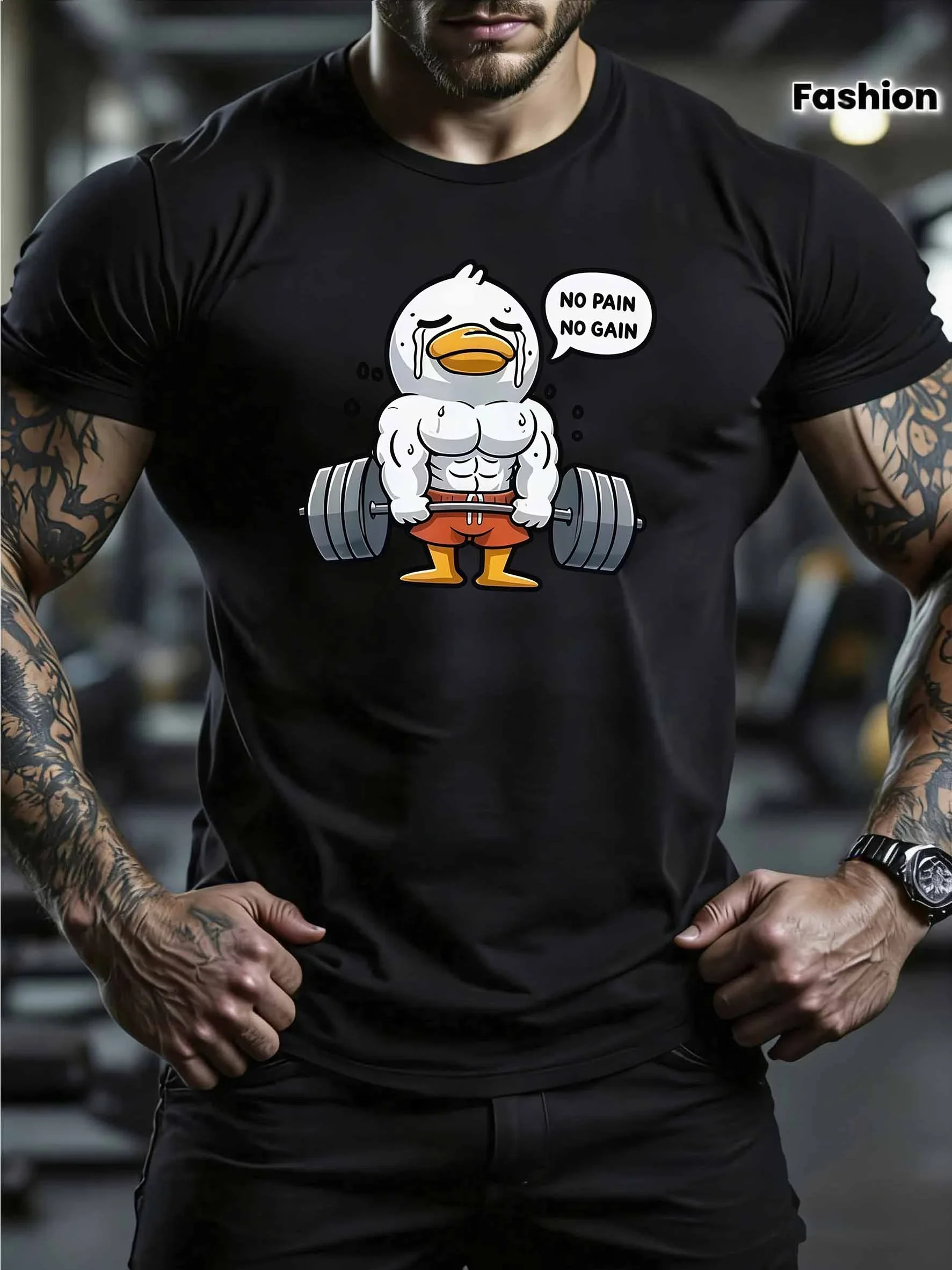 Fashion Men Gym Fitness Funny Muscular Duck Graphic T‑Shirt No Pain No Gain Print Short Sleeve Crew Neck Workout Casual Tee Tops