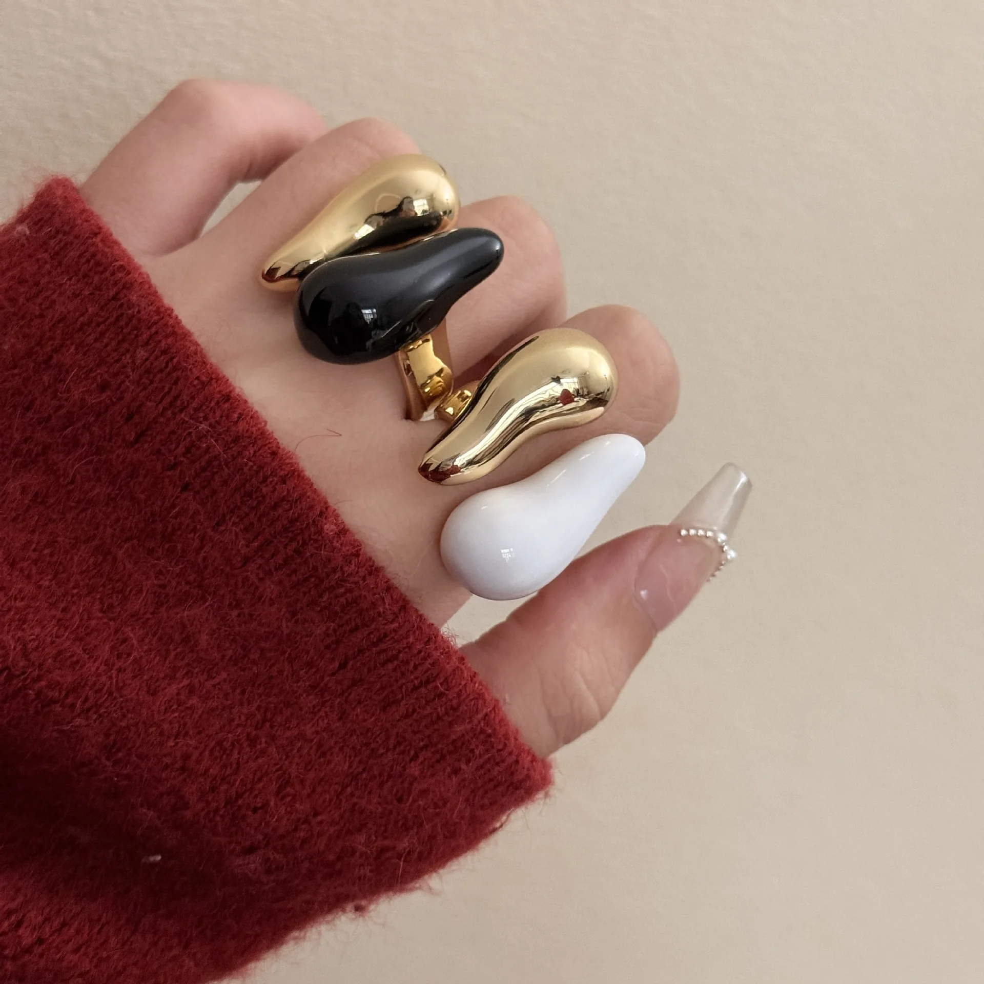 Vintage Water Drop Irregular Enamel Open Adjustable Rings for Women Girls Gold Plated Trendy Finger Jewelry Gift