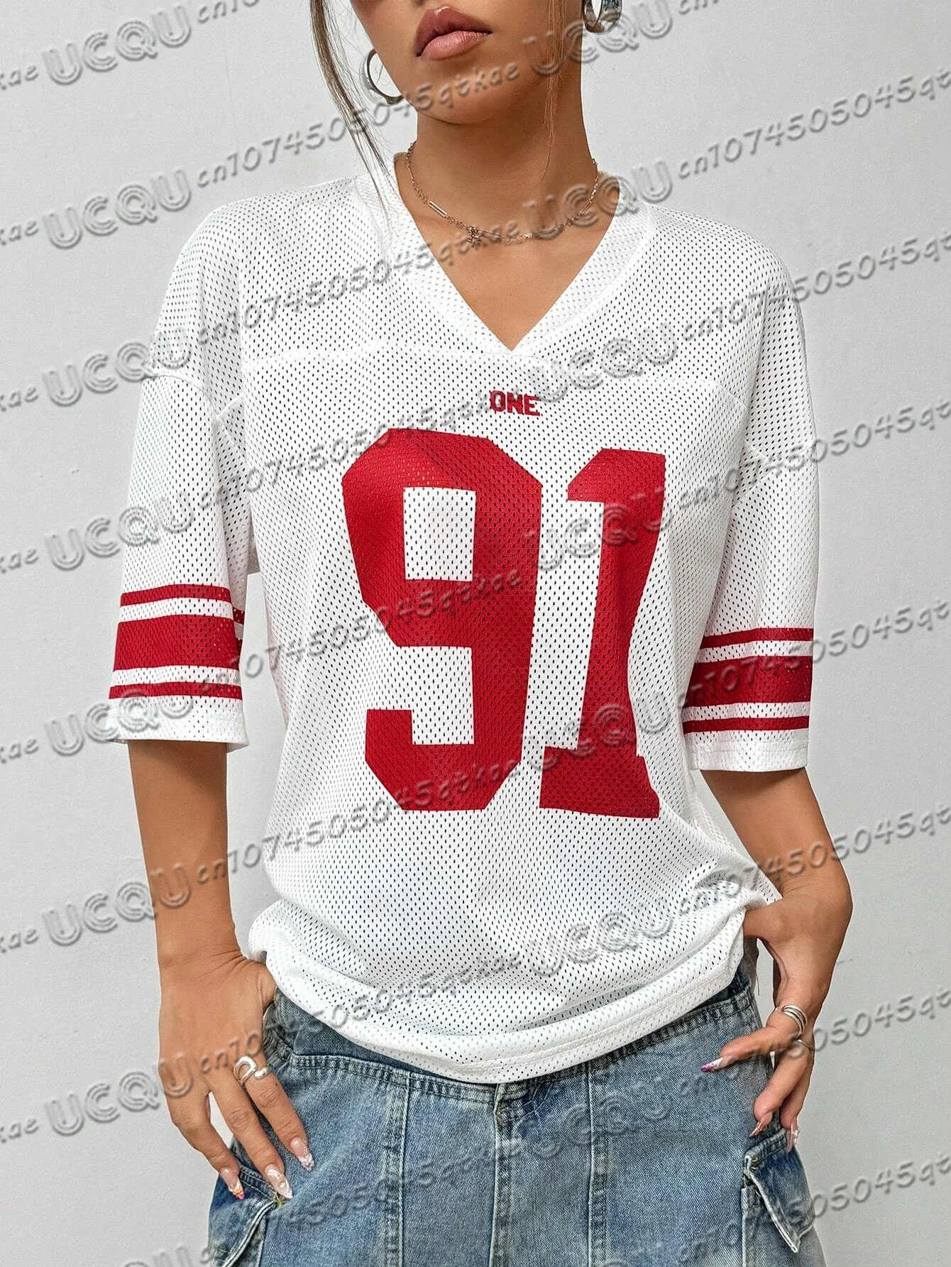 Letnia damska oddychająca koszulka z siateczki z dekoltem w kształcie litery V, luźna i seksowna, wszechstronna, z krótkim rękawem, modna odzież uliczna Y2k top na co dzień