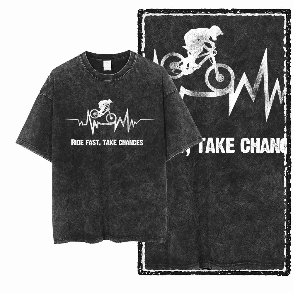 Cool Graphic t-shirt Mountain Biking T-Shirt Washed Distressed Men's Trail Rider Off-Road Bike Graphic Cotton Tee Shirt