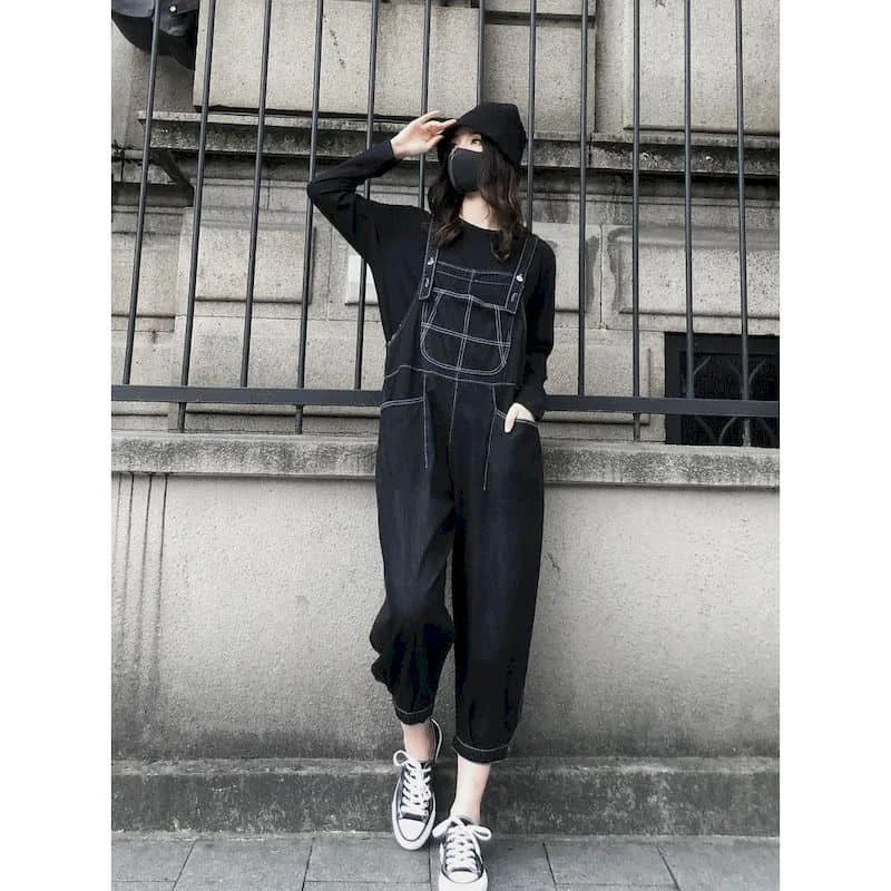 Solid Jumpsuits for Women Korean Style Harem Pants Loose Overalls Vintage Playsuits Casual Workwear Denim Trousers Women Clothes