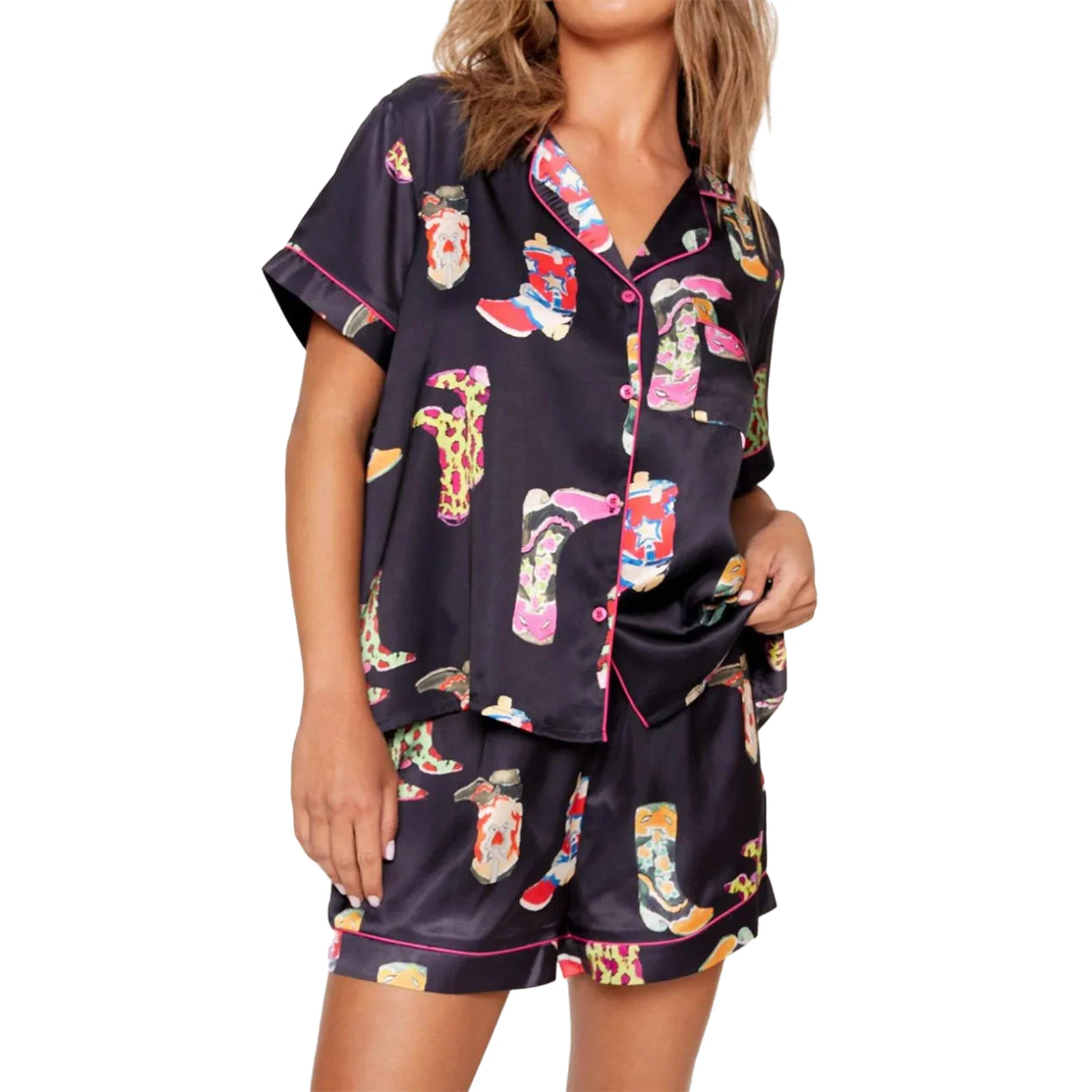 Cute Preppy Silk Pajama Sets for Women 2 Piece Loungewear Y2K Short Sleeve Cowboy Boots Floral Printed Blouse Top Sleepwear